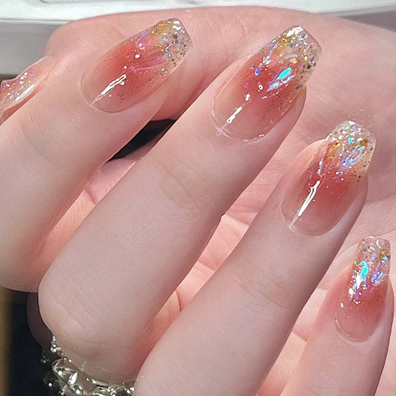 24pcs Butterfly decorated false nails Removable Long Paragraph Manicure fake nail tips full cover acrylic for girls nail