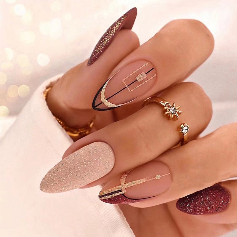 24pcs Almond Full Cover y2k black Sweet Fake Nails with glue cool Stiletto press on nails French artificial Nails With designs