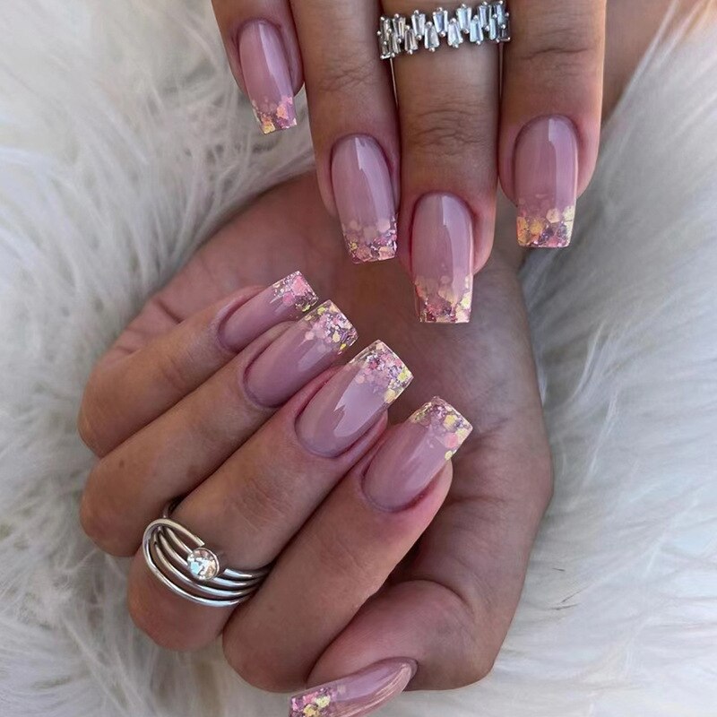 24pcs pink clouds design false nails with glue press on nails medium length acrylic nails coffin full cover nails tips supplies