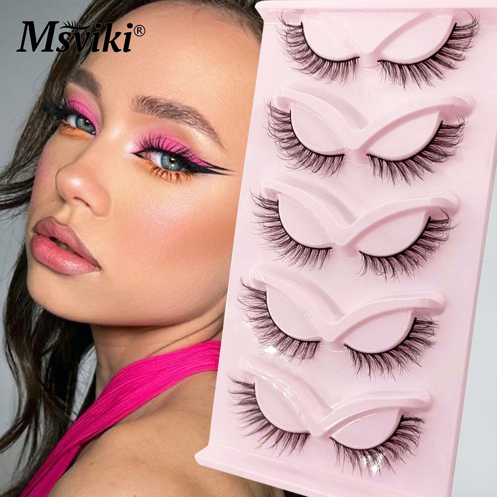 Winged Fake Eyelashes 5 Pairs Natural 3D Cat Eye Faux Mink Lashes 5D 8-15MM Fluffy Fox Eye Lash Extension