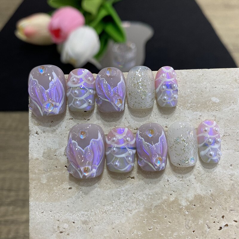Fishtail Style Handmade Fake Nail Pink And  Blue With Pearls Medium T-shaped Removable And Reuse Press On Nail Sticker With Glue