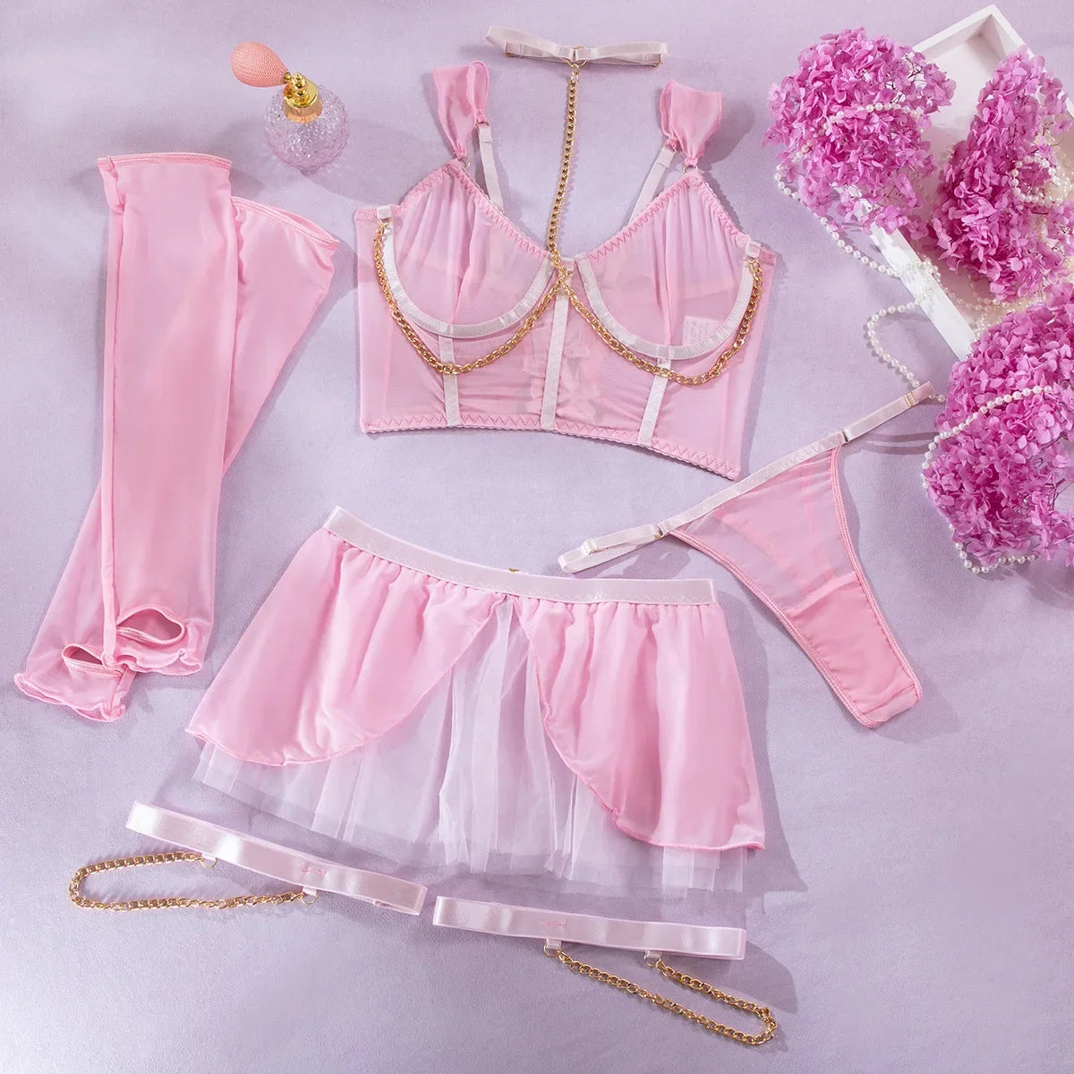 Woman Sexy Lingerie Exotic Set Cute Pink Lace See-through Gauze Skirt Chain Tie Gloves 4 Pieces Sets Underwear Babydolls