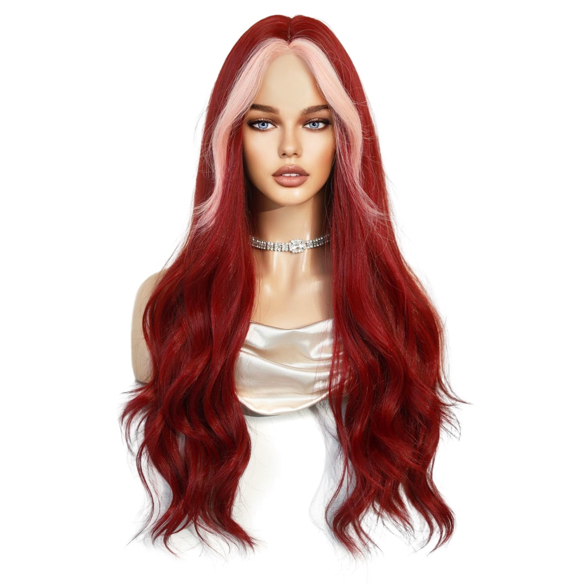 Long Wavy Middle Part Wine Red Wig for Women Daily Cosplay Party Synthetic Highlight Pink Hair Wigs Lolita Heat Resistant