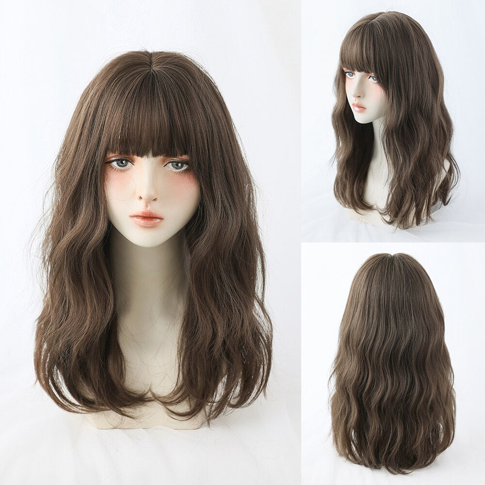 Long Curly Hair Women Wig with Bangs Daily Brown Black Pink Lolita Cosplay Braided Wigs Heat Resistant Fiber