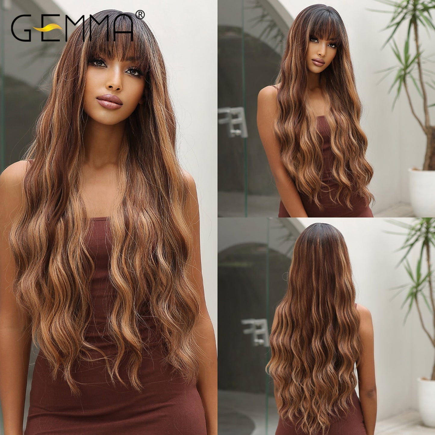 Long Wavy Ombre Brown Purple Synthetic Wigs for Women Heat Resistant Natural Middle Part Cosplay Party Lolita Hair Wigs