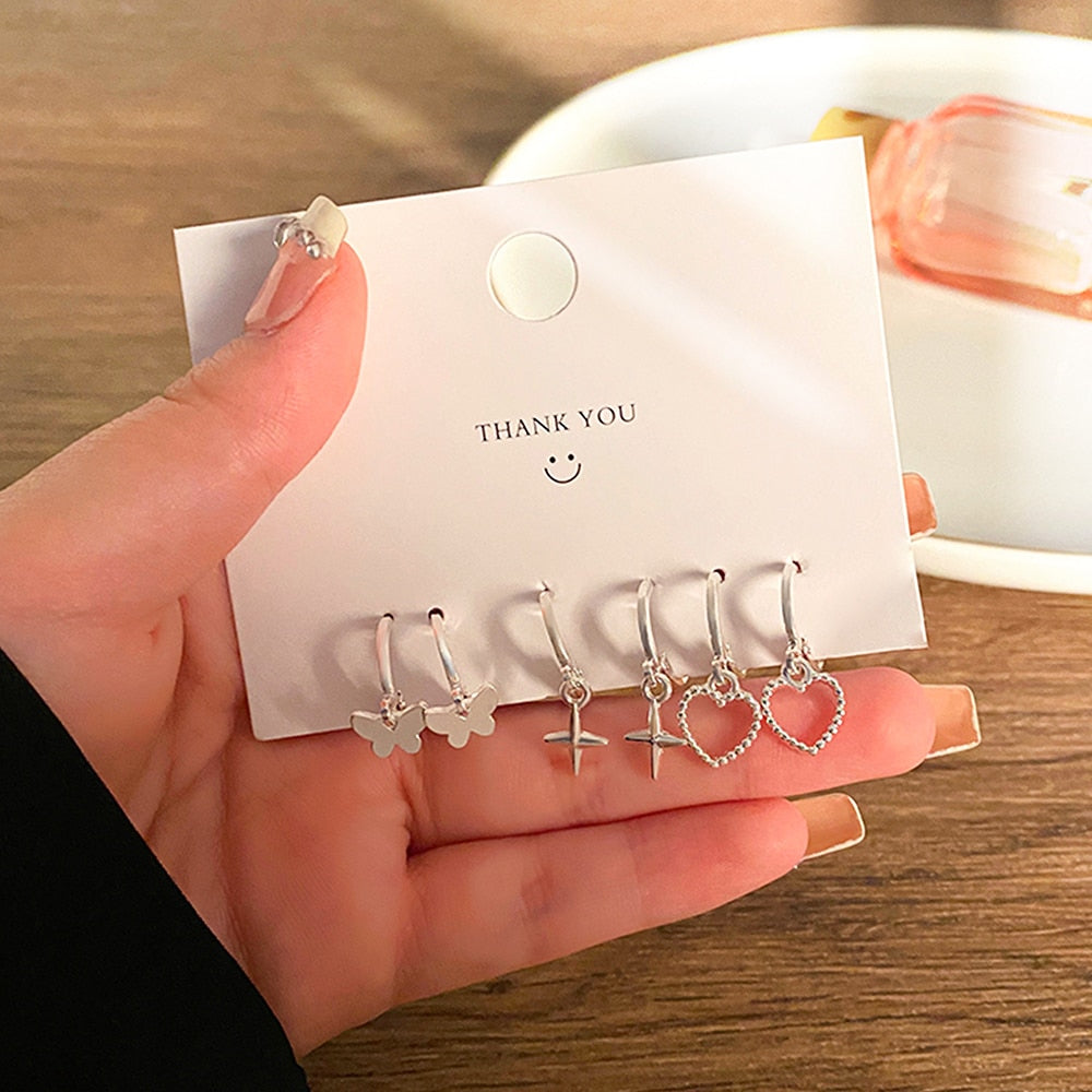 Silver Color Butterfly Lightning Drop Earrings Set for Women Geometric Heart Cross Flower Acrylic Earrings Jewelry