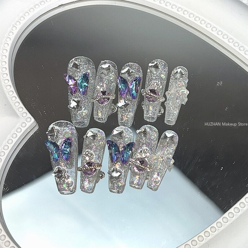 Handmade Purple Glitter Rhinestone Butterfly Fake Nail With Glue Bling Press On Nails Y2K Reusable Coffin False Nails Tips Gift