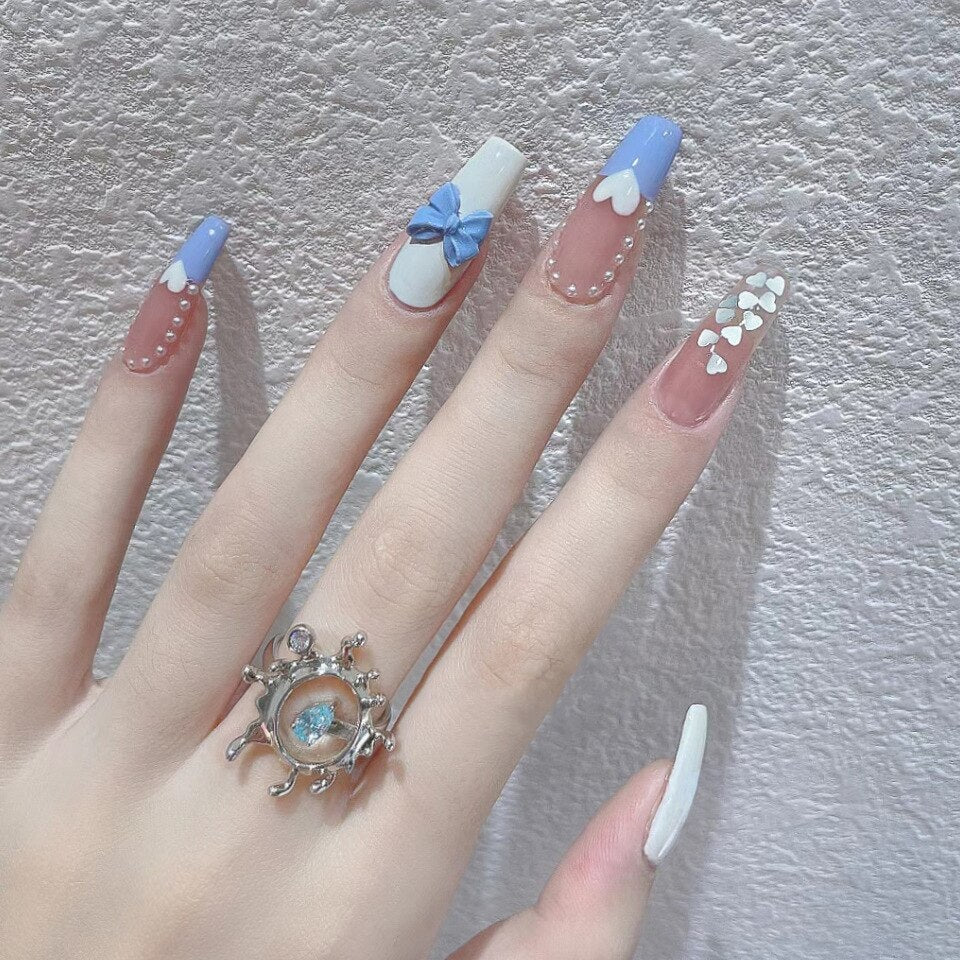 24pcs Butterfly decorated false nails Removable Long Paragraph Manicure fake nail tips full cover acrylic for girls nail