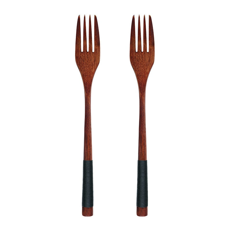 2Pcs Wooden Spoon Fork Dinnerware Set Long Wood Spoon and Fork Set Dessert Soup Spoon Dining Fork Portable Cutlery Tableware