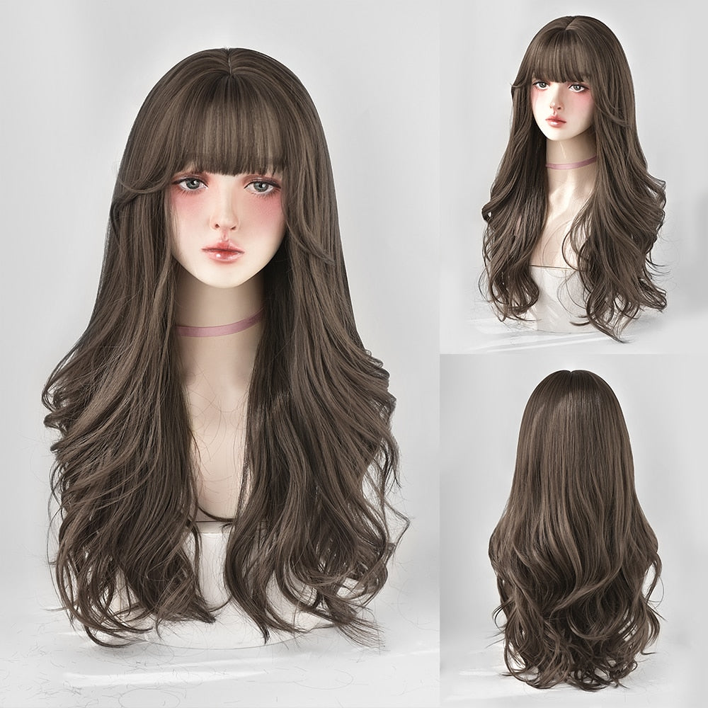 Long Curly Hair Women Wig with Bangs Daily Brown Black Pink Lolita Cosplay Braided Wigs Heat Resistant Fiber