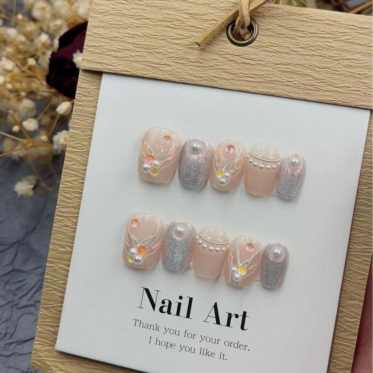 Fishtail Style Handmade Fake Nail Pink And  Blue With Pearls Medium T-shaped Removable And Reuse Press On Nail Sticker With Glue