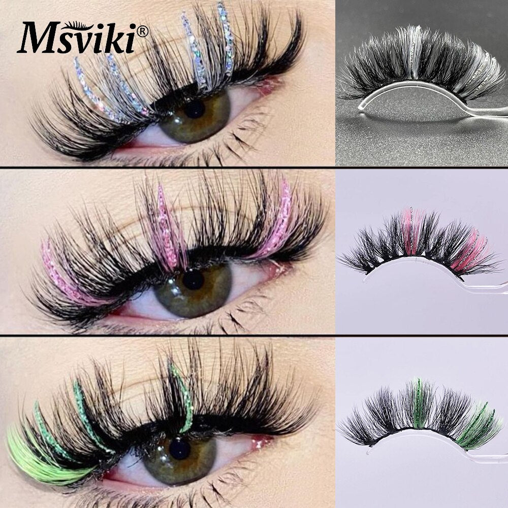 5D Fluffy 18-22MM Glitter Mink Lashes 1 Pair Party Colored Mink Eyelashes Box Package Rainbow Pink White Fake Eyelashes