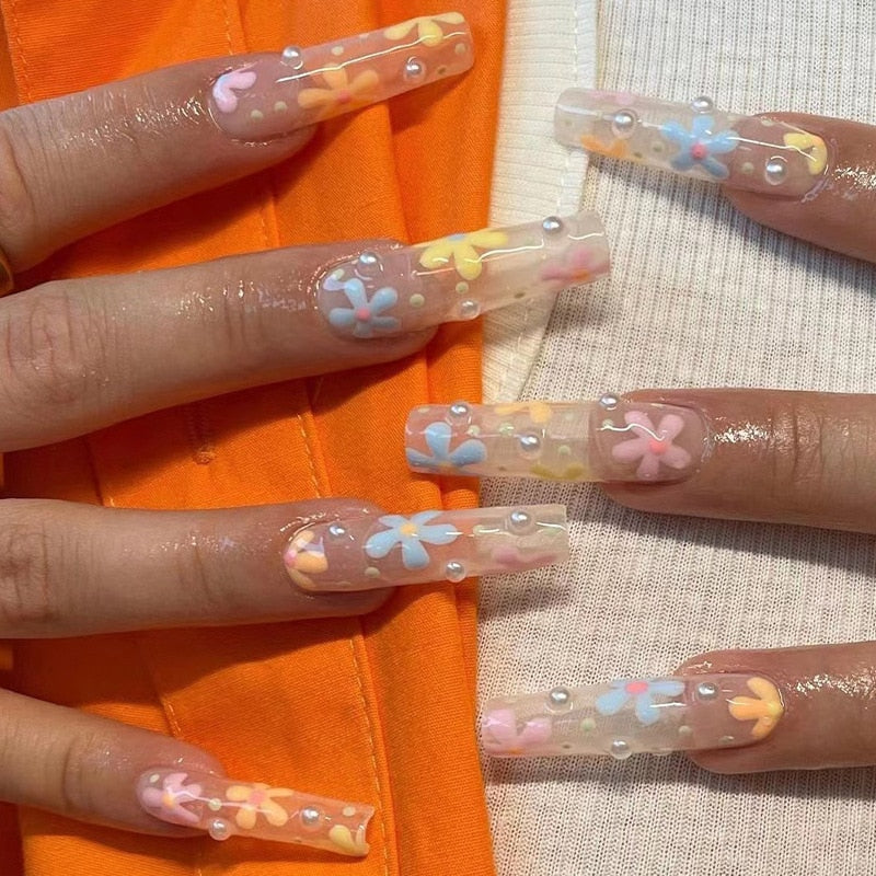24Pcs Wearable False Nails with glue Long Ballerina Pink Press On Nails French Full Cover Coffin Fake Nails tip with rhinestones