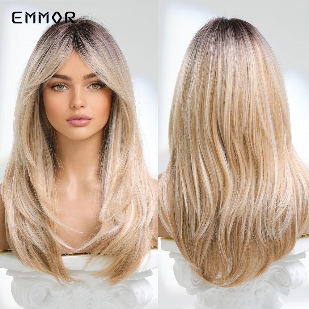 Synthetic Wigs Ombre Pink Brown Wig With Bangs Layered Hair Cosplay Daily Party Natural Heat Resistant Wigs for Women
