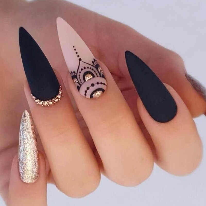 24pcs Almond Full Cover y2k black Sweet Fake Nails with glue cool Stiletto press on nails French artificial Nails With designs