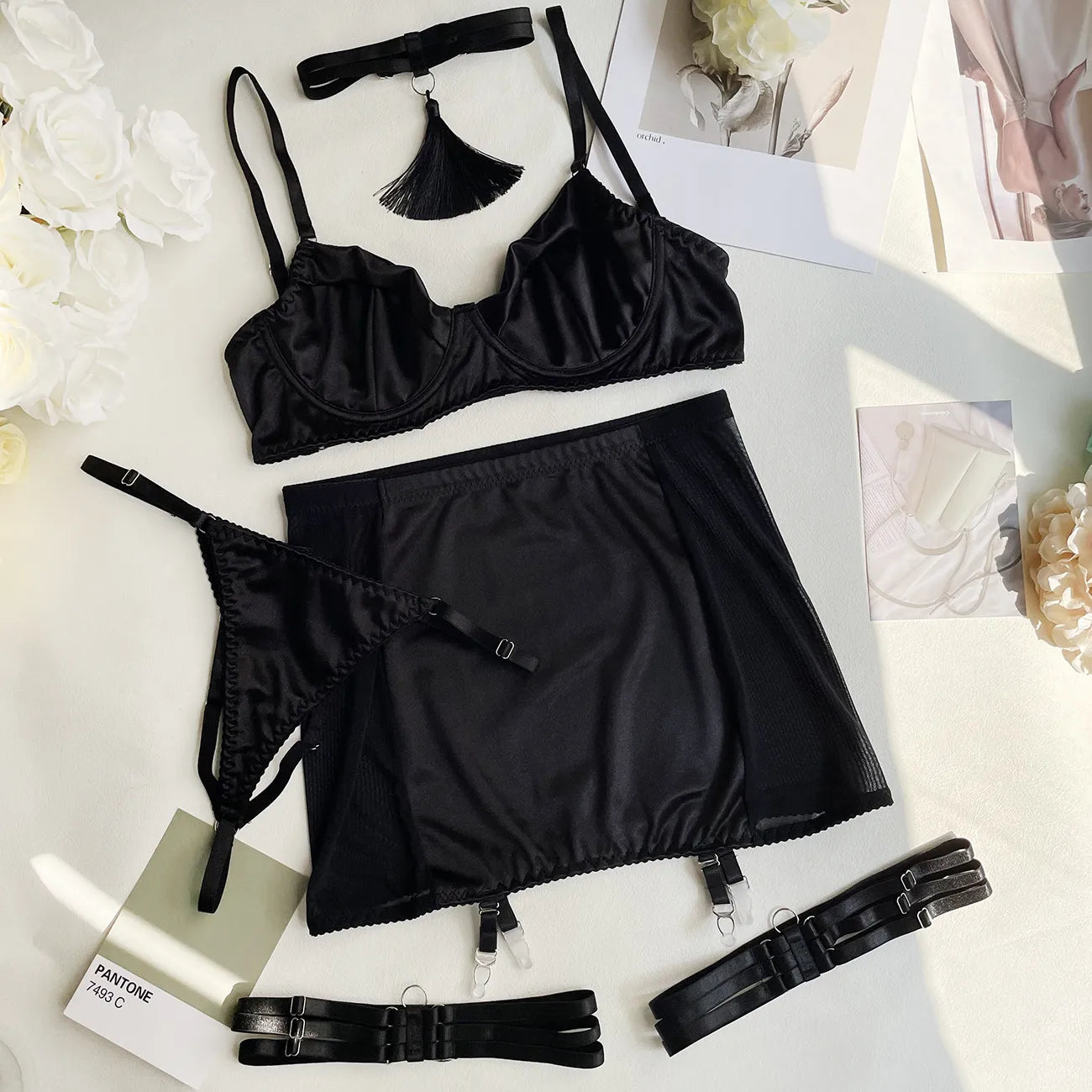 Fine Satin Lingerie Sexy Underwear Lace 5-Piece Sissy Seamless Intimate Uncensored Skirt Fancy Bra And Panty Outfits