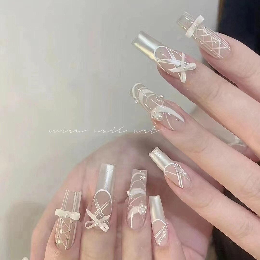 10 Piece For Set White Bow French Style fake nail patch Fairy Dreamy Cute Long T False Nail Art Finished Press On Wearable Nail