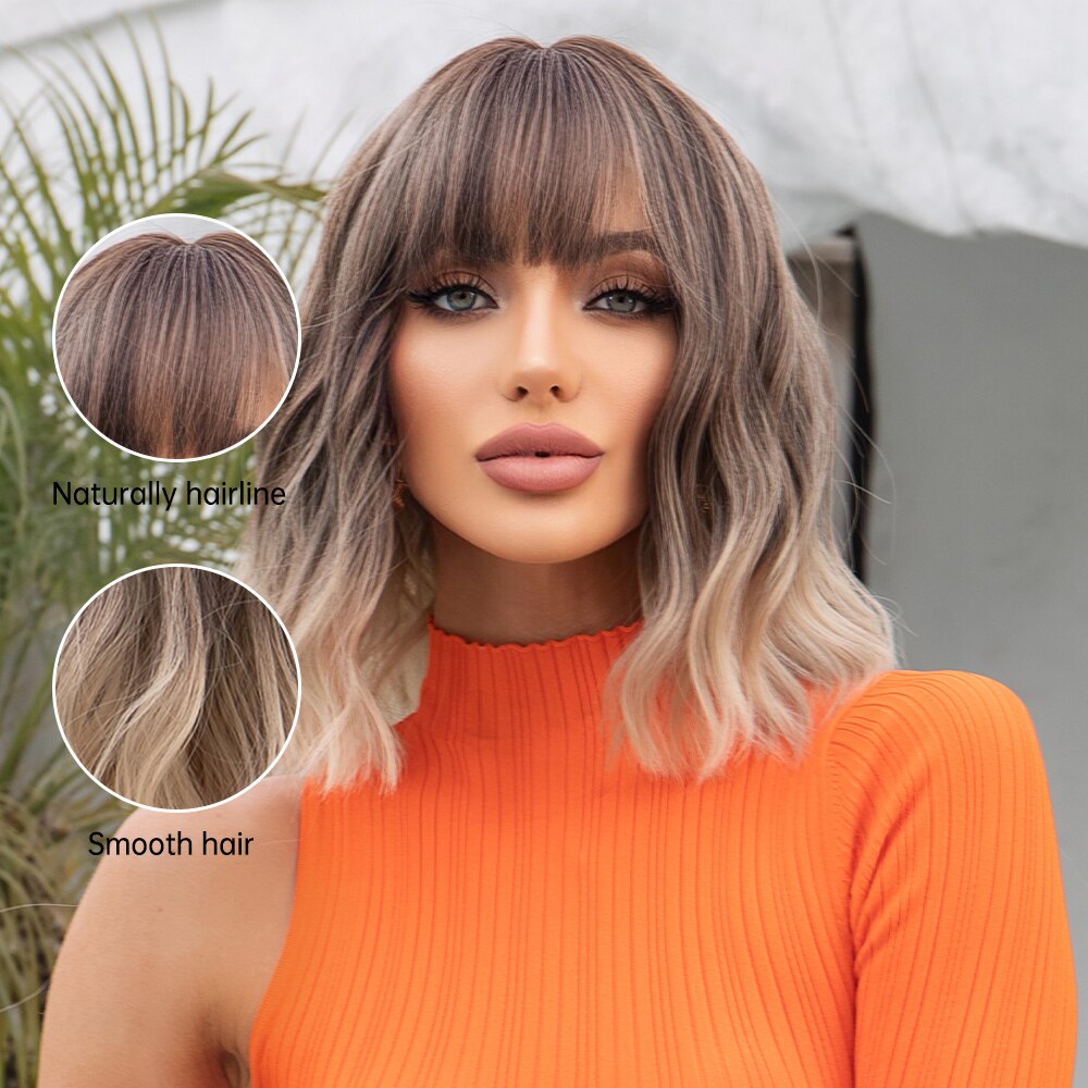 Grey Wavy Bob Wigs With Bangs Short Blonde Wavy Bob With Dark Roots
