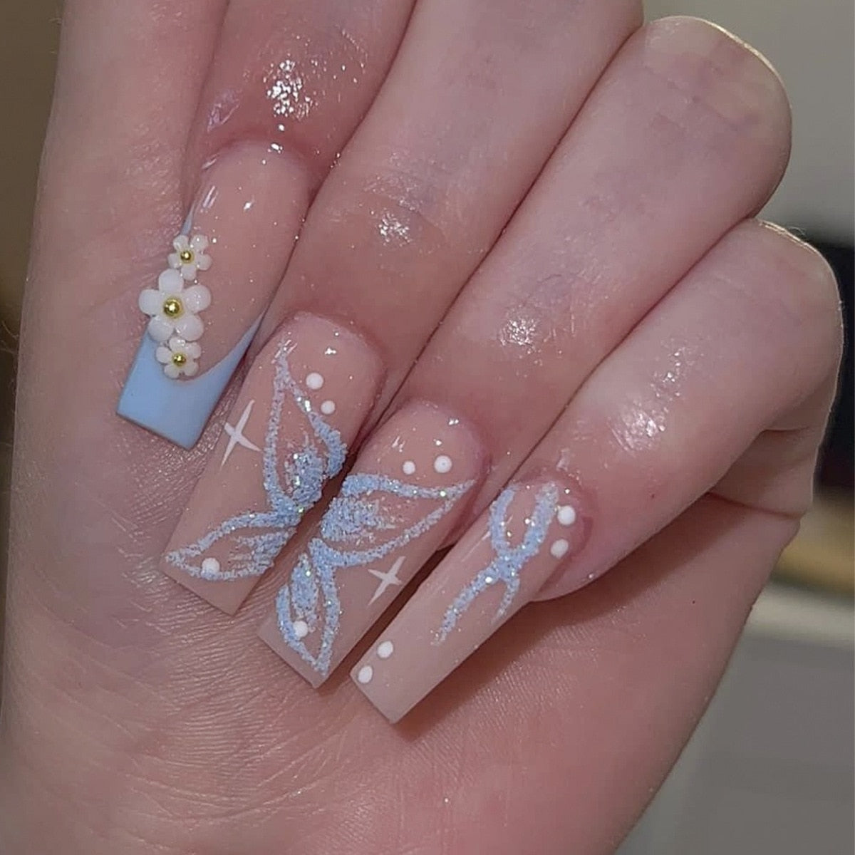 24Pcs Wearable False Nails with glue Long Ballerina Pink Press On Nails French Full Cover Coffin Fake Nails tip with rhinestones