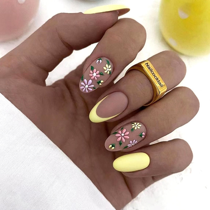 24pcs Almond Full Cover y2k black Sweet Fake Nails with glue cool Stiletto press on nails French artificial Nails With designs