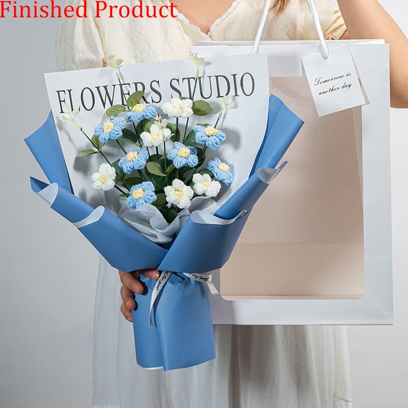 Finished Product Knitting Flowers Rose Tulip Fake Flowers Bouquet Wedding Decoration Hand-woven Home Decorate Knit Flower Gifts