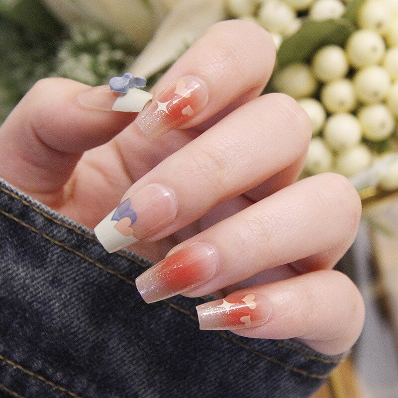 24pcs Press on Nails Short Fake Nails with Glue Jelly Gradient Design Detachable Artificial Nail Acrylic Coffin False Nails Tips