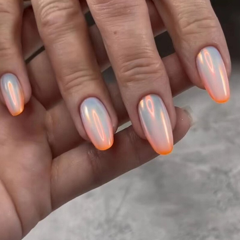24PCS/Box Pearl Powder Milk White False Nails Round Head with Glue Long Ballet Wearable Fake Nails Full Cover Press on Nail Tips
