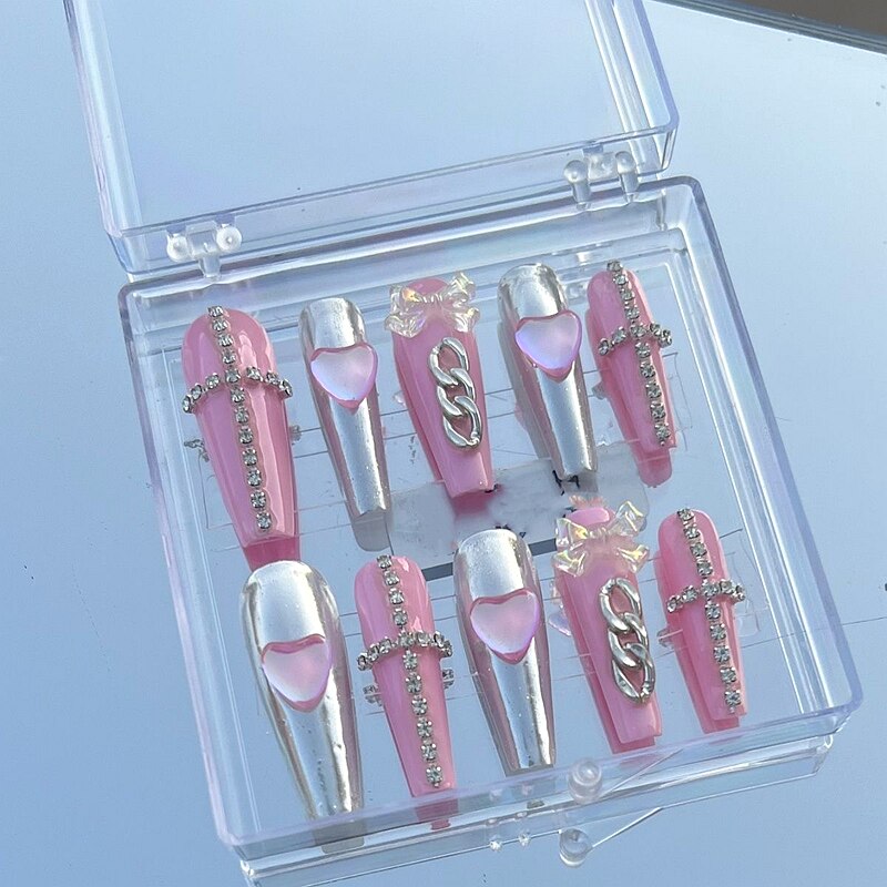 Handmade Purple Glitter Rhinestone Butterfly Fake Nail With Glue Bling Press On Nails Y2K Reusable Coffin False Nails Tips Gift