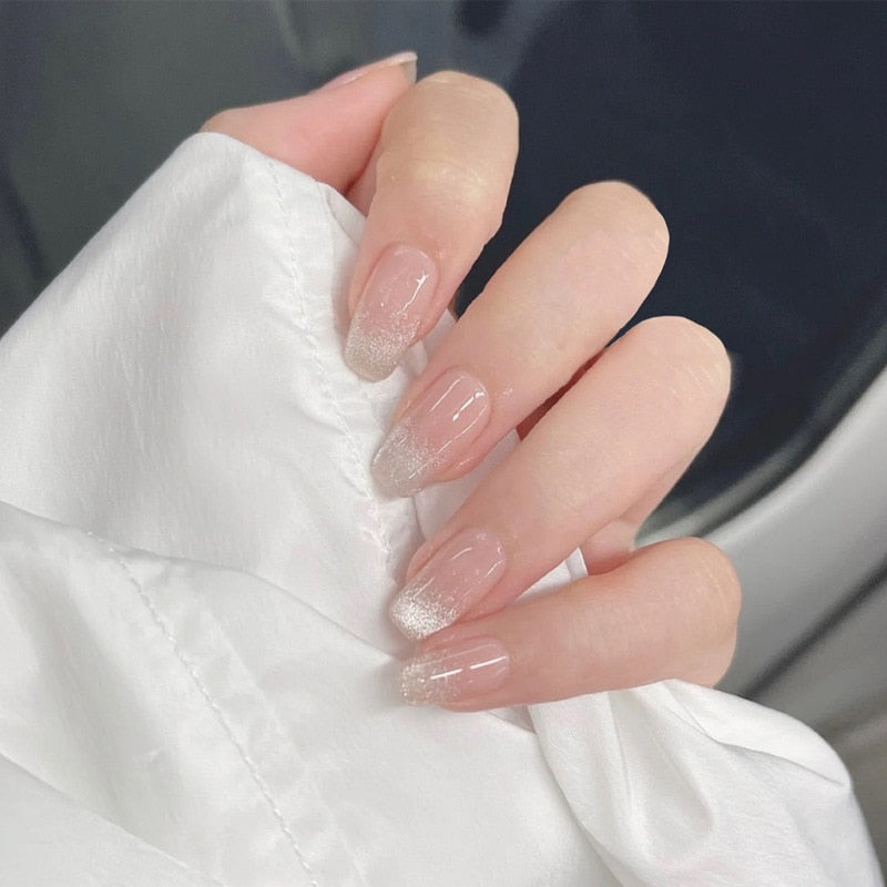 24PCS/Box Pearl Powder Milk White False Nails Round Head with Glue Long Ballet Wearable Fake Nails Full Cover Press on Nail Tips