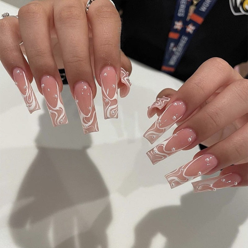 24Pcs Wearable False Nails with glue Long Ballerina Pink Press On Nails French Full Cover Coffin Fake Nails tip with rhinestones