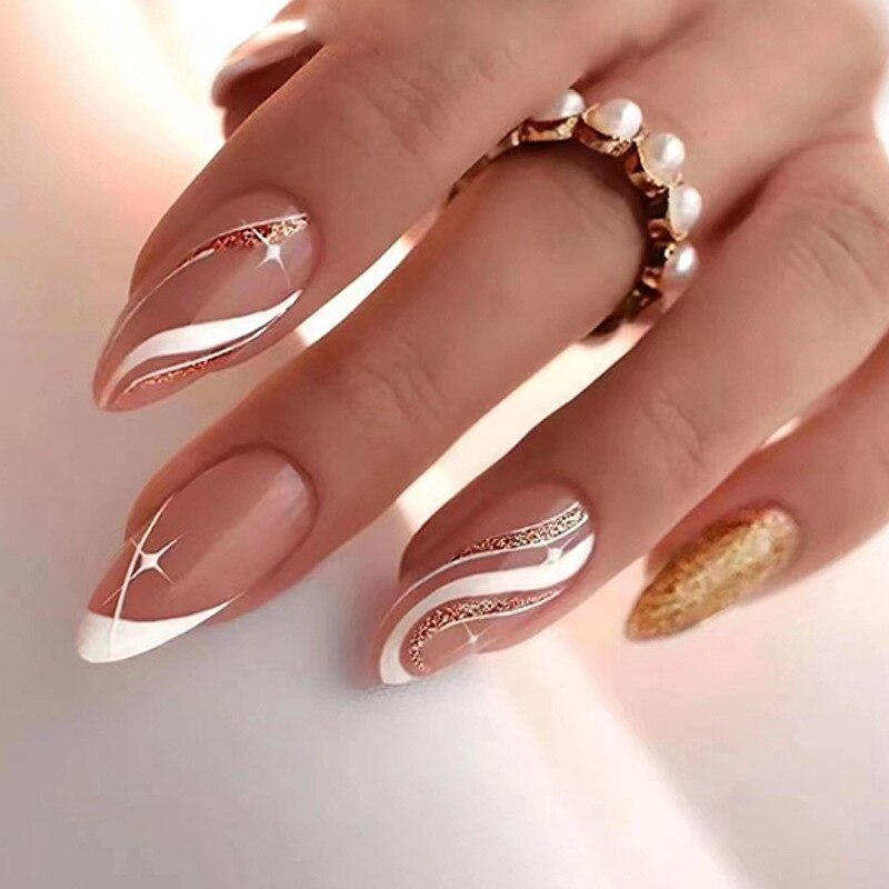 24pcs Almond Full Cover y2k black Sweet Fake Nails with glue cool Stiletto press on nails French artificial Nails With designs