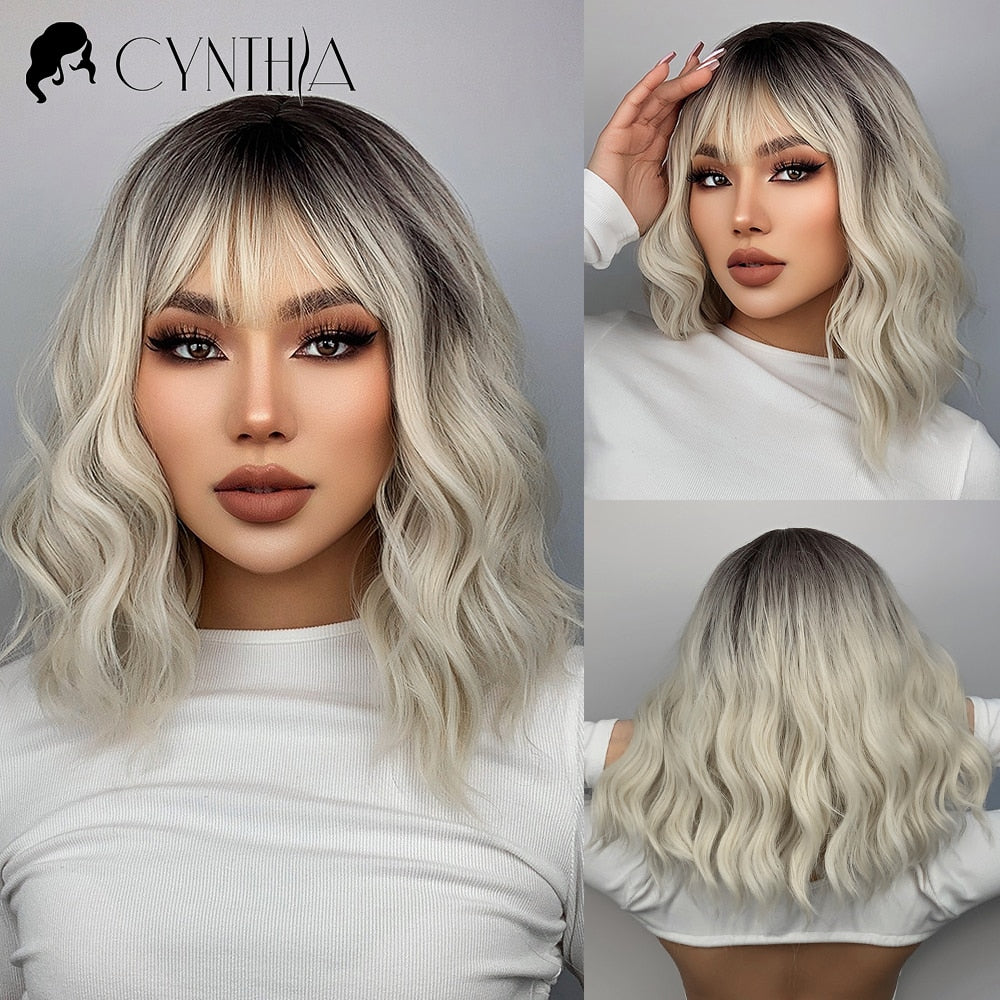 Cynthia Blue Ombre Short Bob Synthetic Wigs For Women With Bangs Body Wave Cosplay Lolita Wig White Natural Heat Resistant Hair