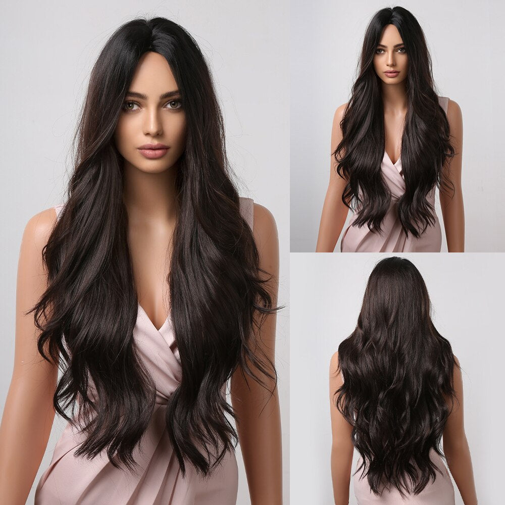 Brown to Light Blonde Ombre Platinum Synthetic Wig for Women Long Wavy Middle Part Hair Wig Cosplay Natural Heat Resistant