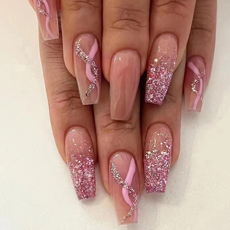 24Pcs Long Coffin False Nails Gold Glitter Sequins Designs Press On Full Cover Fake Nails Tips Wearable Manicure Art