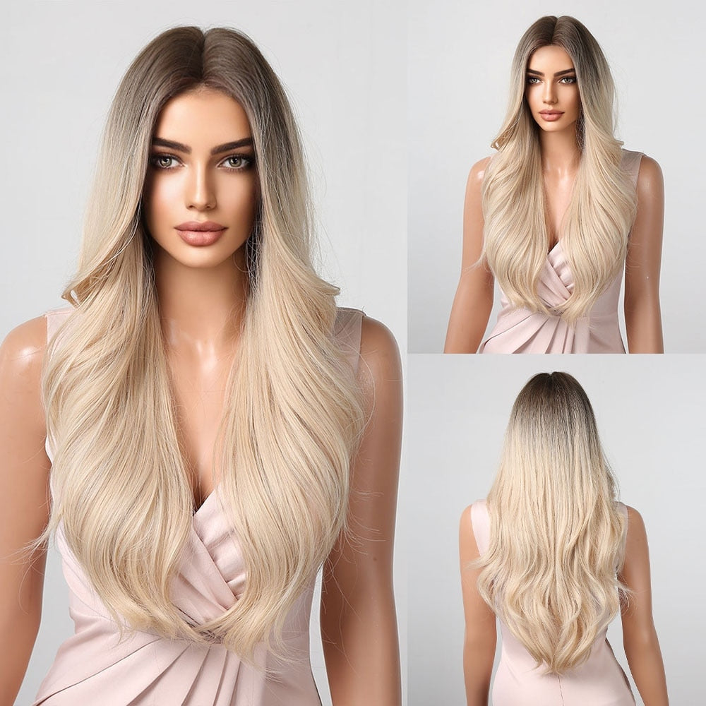 Brown to Light Blonde Ombre Platinum Synthetic Wig for Women Long Wavy Middle Part Hair Wig Cosplay Natural Heat Resistant