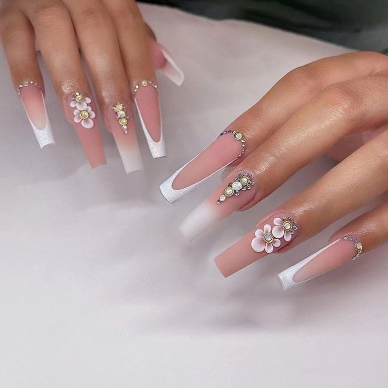 24Pcs Wearable False Nails with glue Long Ballerina Pink Press On Nails French Full Cover Coffin Fake Nails tip with rhinestones