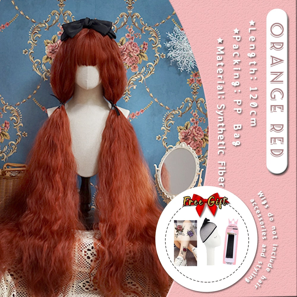 Extra Long Curly Hair with Bangs Cosplay Party Lolita Synthetic Wigs Heat Resistant Fiber