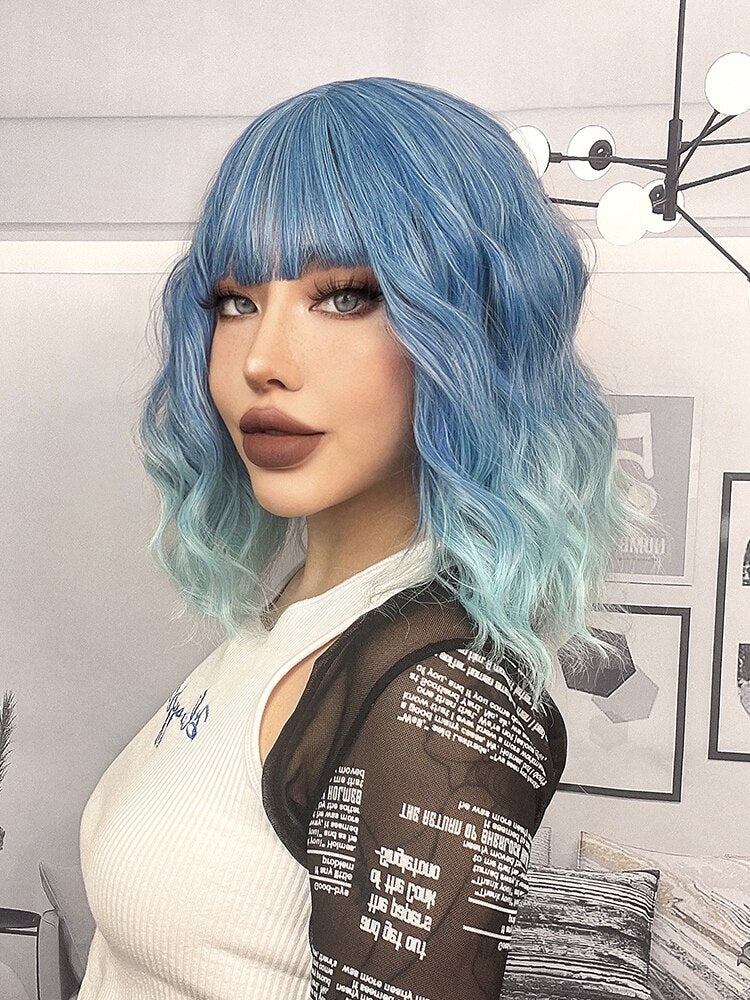 Cynthia Blue Ombre Short Bob Synthetic Wigs For Women With Bangs Body Wave Cosplay Lolita Wig White Natural Heat Resistant Hair