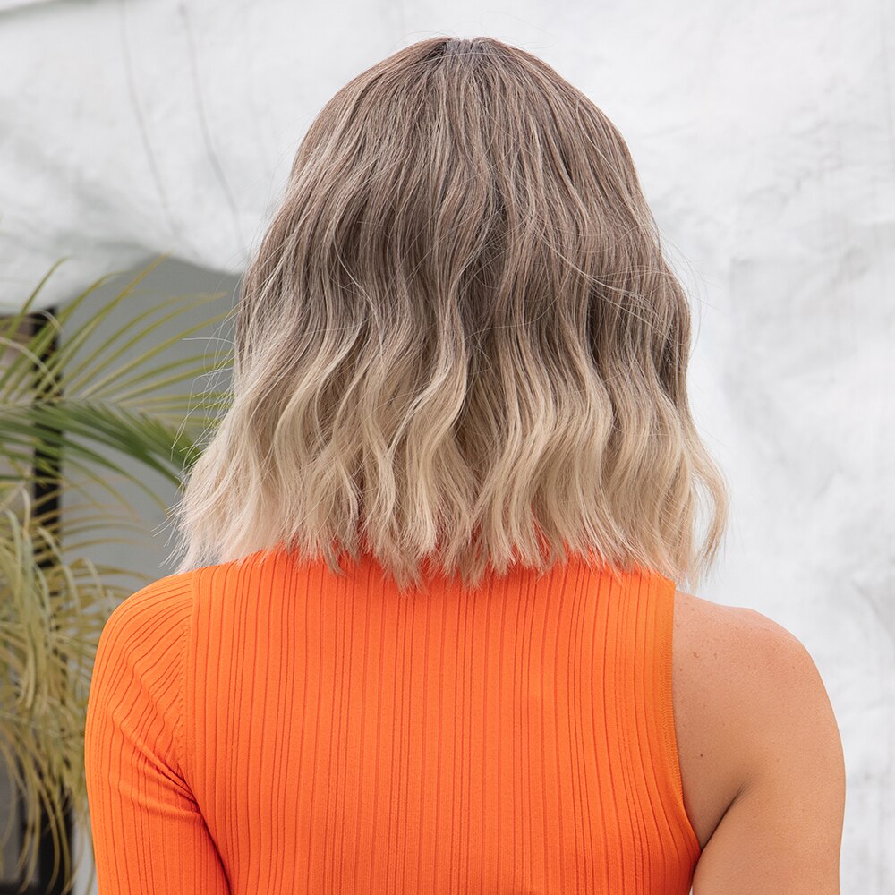 Grey Wavy Bob Wigs With Bangs Short Blonde Wavy Bob With Dark Roots