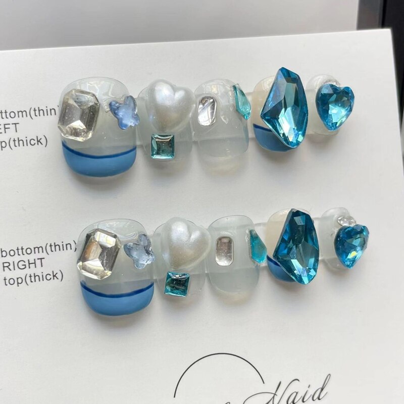 French Sailor Style Pure Handmaded T-shaped Reusable False Nails Light Blue Love Heart Crushed Diamond Wearable Nails Detachable