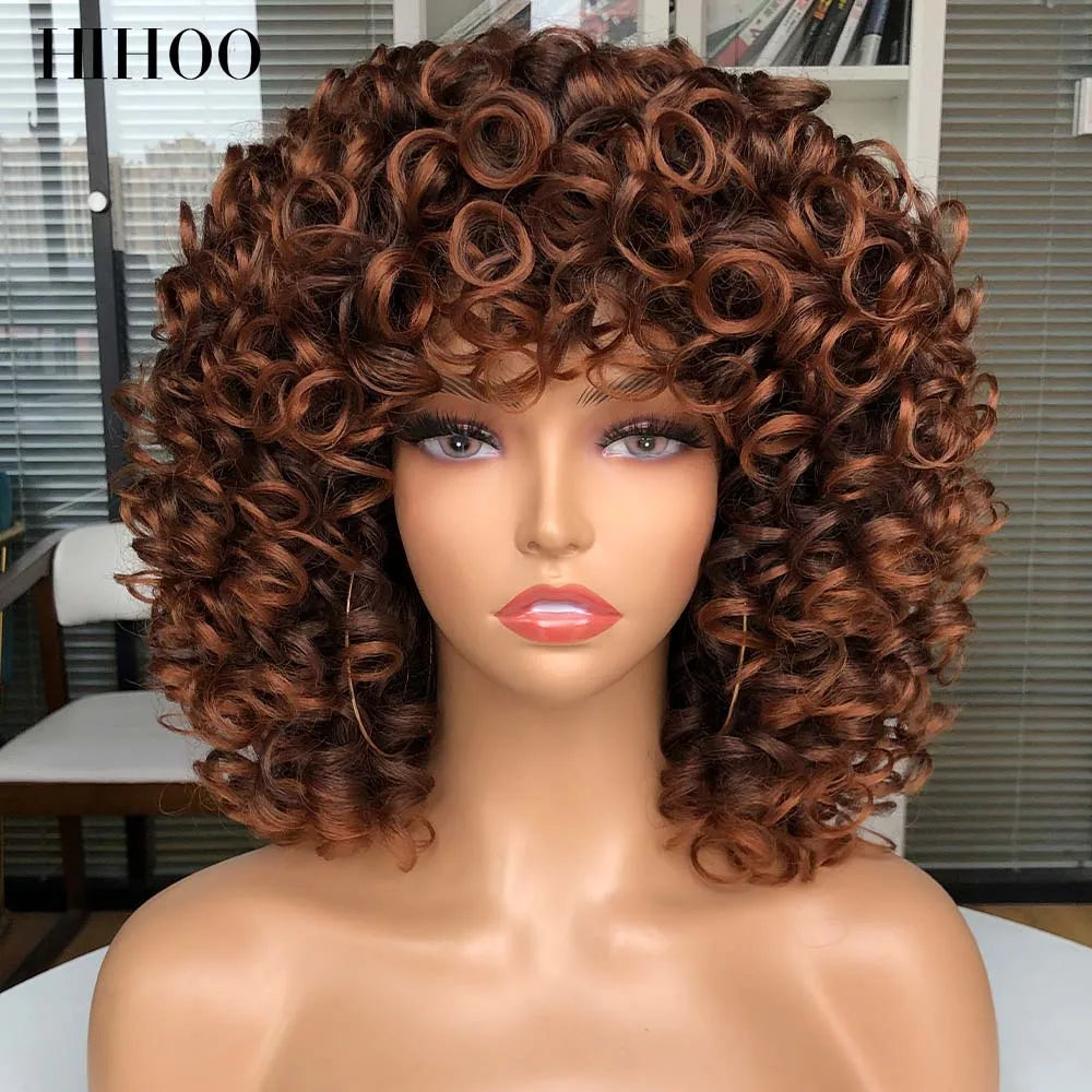 Synthetic Hair Short Afro Kinky Curly Wigs with Bangs For Black Women Cosplay Natural Hair Ombre Mixed Brown Blonde Wig