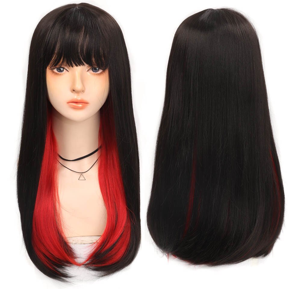 Long straight hair synthetic wig girl pink white gradient bangs cosplay Lolita party heat-resistant wigs