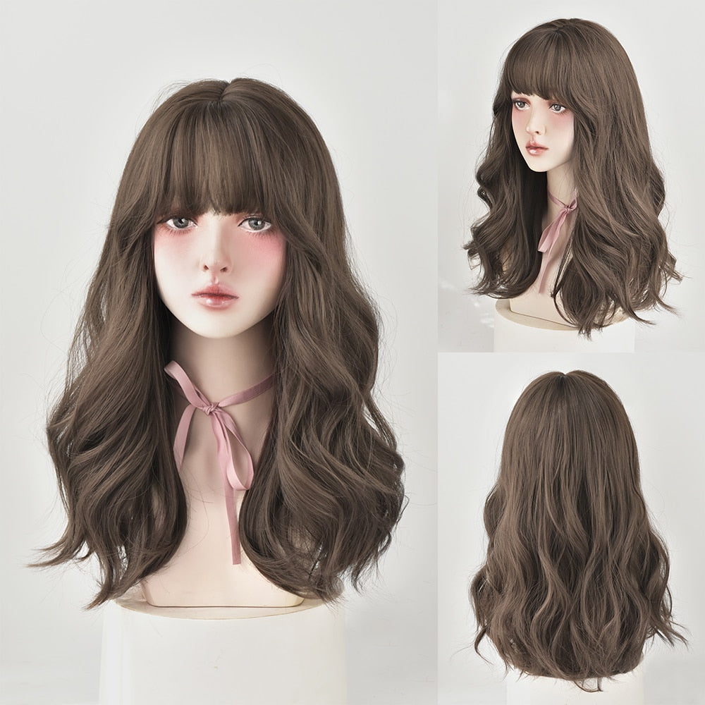 Long Curly Hair Women Wig with Bangs Daily Brown Black Pink Lolita Cosplay Braided Wigs Heat Resistant Fiber