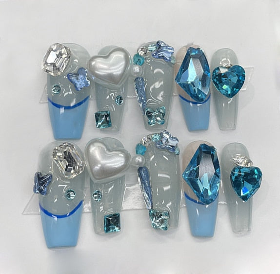 French Sailor Style Pure Handmaded T-shaped Reusable False Nails Light Blue Love Heart Crushed Diamond Wearable Nails Detachable