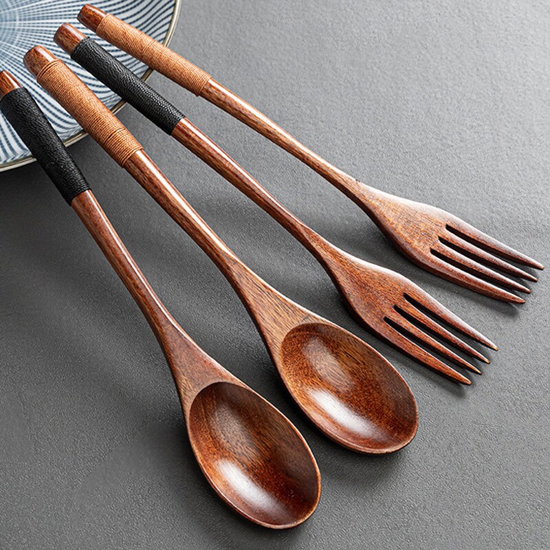 2Pcs Wooden Spoon Fork Dinnerware Set Long Wood Spoon and Fork Set Dessert Soup Spoon Dining Fork Portable Cutlery Tableware
