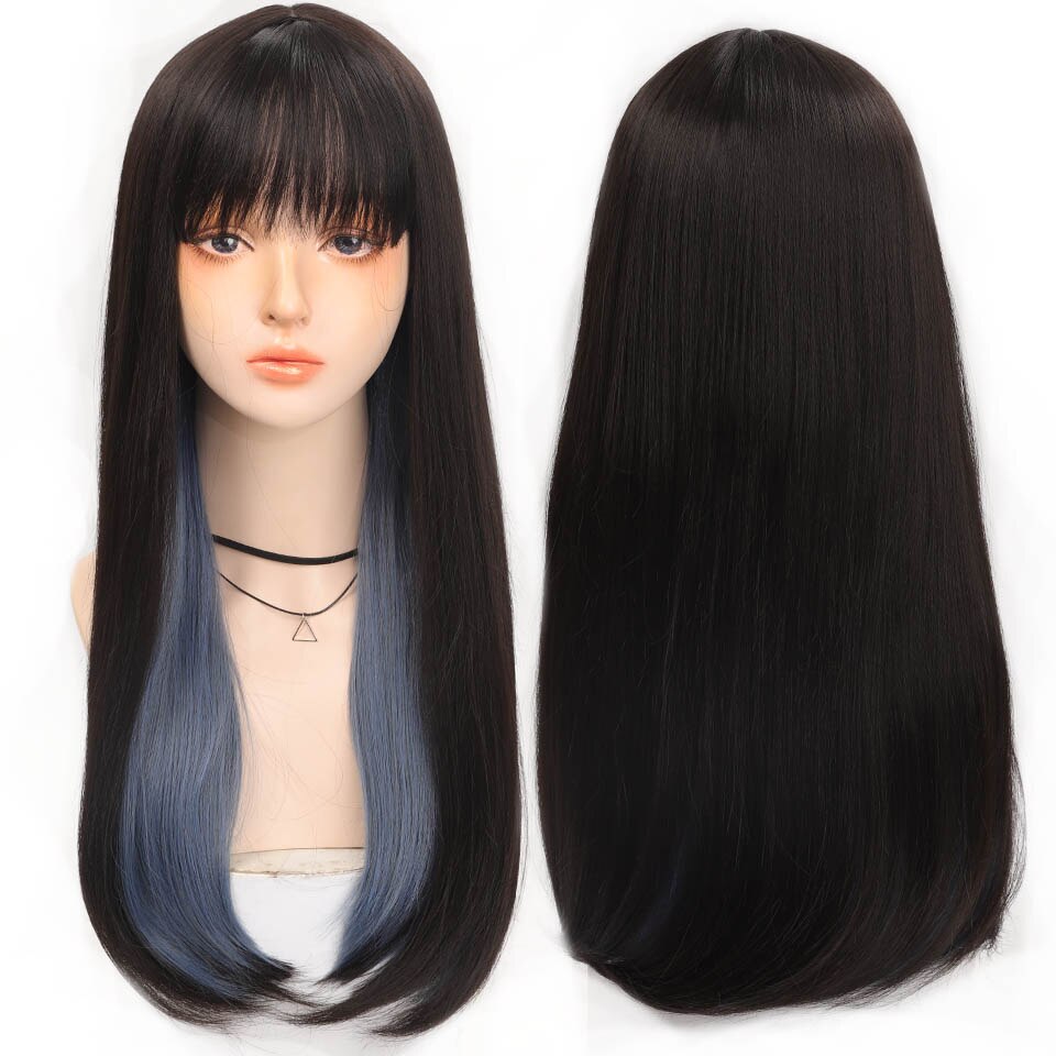 Long straight hair synthetic wig girl pink white gradient bangs cosplay Lolita party heat-resistant wigs
