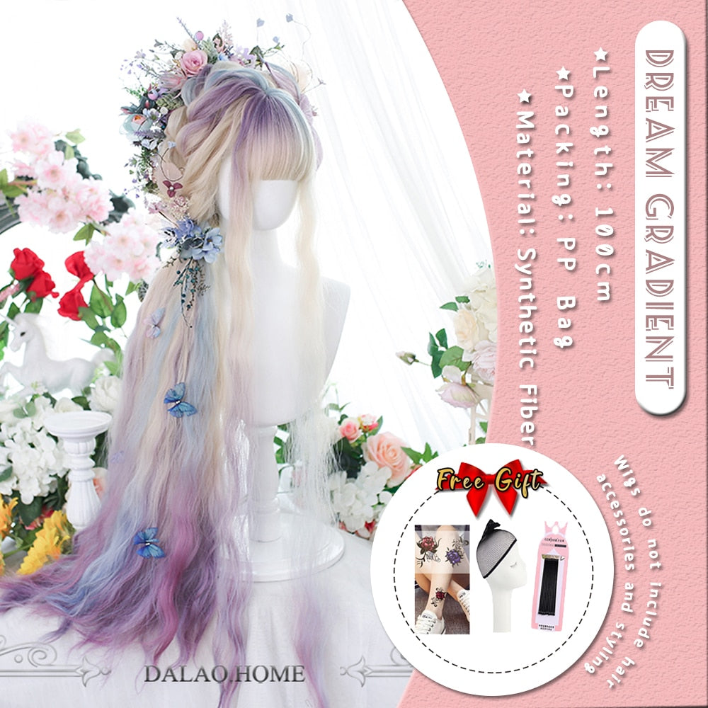 Extra Long Curly Hair with Bangs Cosplay Party Lolita Synthetic Wigs Heat Resistant Fiber