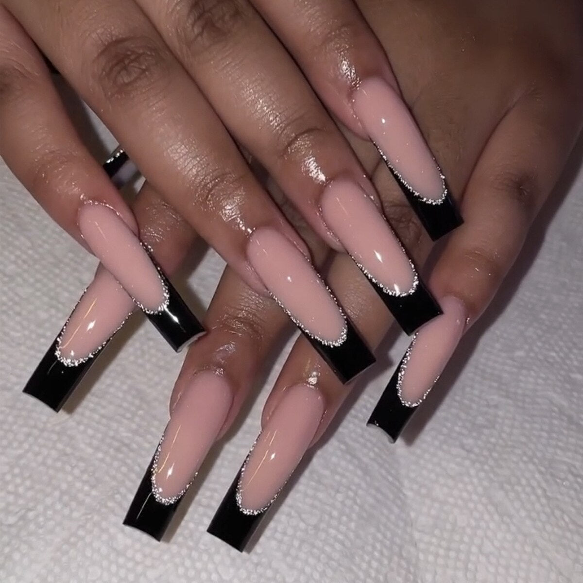 24Pcs Simple False Nails with White Edged Designs Long Ballerina Fake Nails Wearable Coffin French Nails Tips Press on Nails