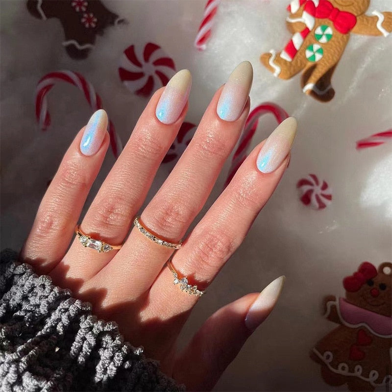 24PCS/Box Pearl Powder Milk White False Nails Round Head with Glue Long Ballet Wearable Fake Nails Full Cover Press on Nail Tips