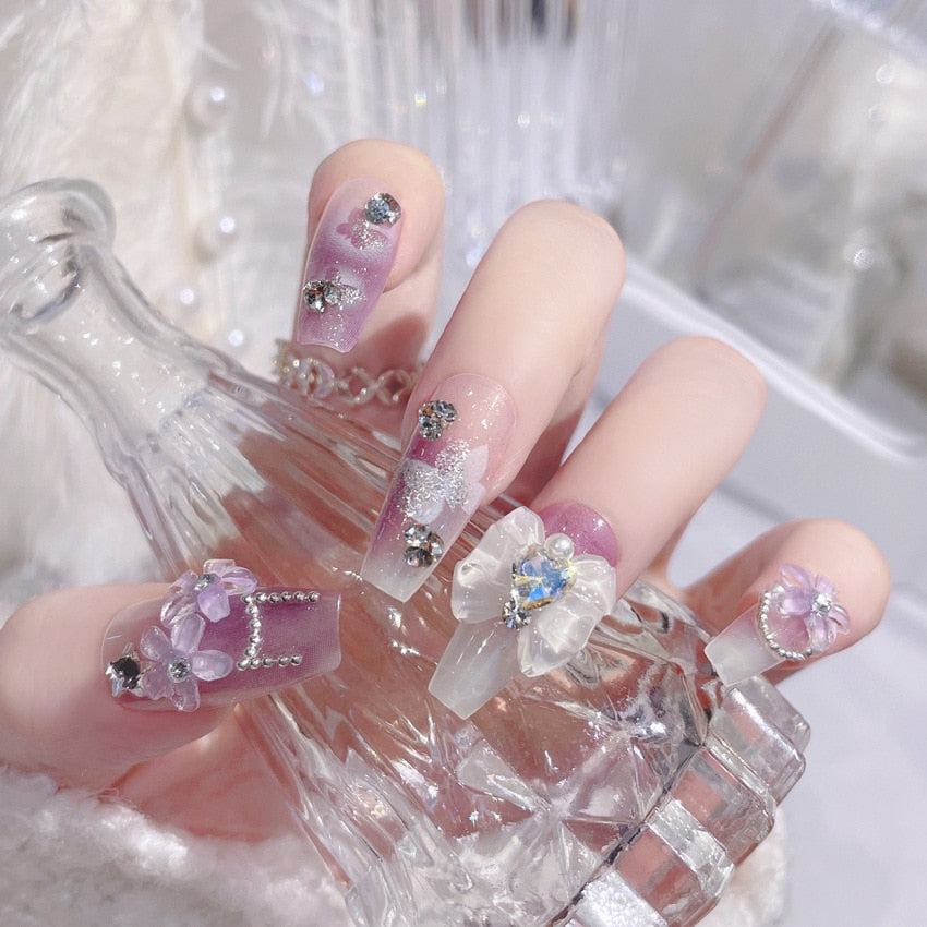 24pcs Butterfly decorated false nails Removable Long Paragraph Manicure fake nail tips full cover acrylic for girls nail